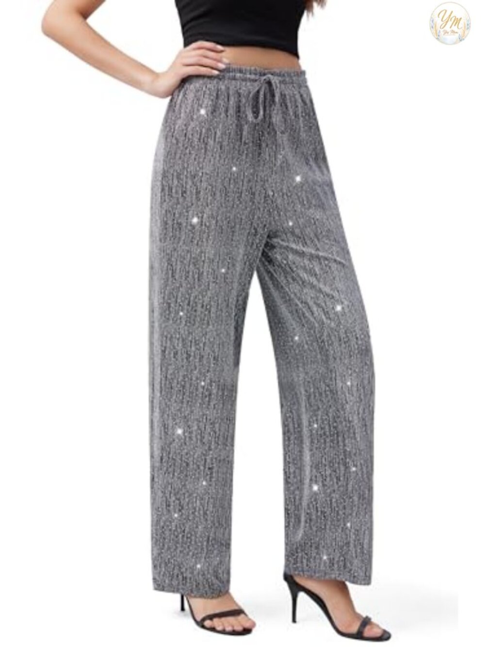 PEIQI Women High Elastic Waist Wide Leg Palazzo Pants Bling Glitter Casual